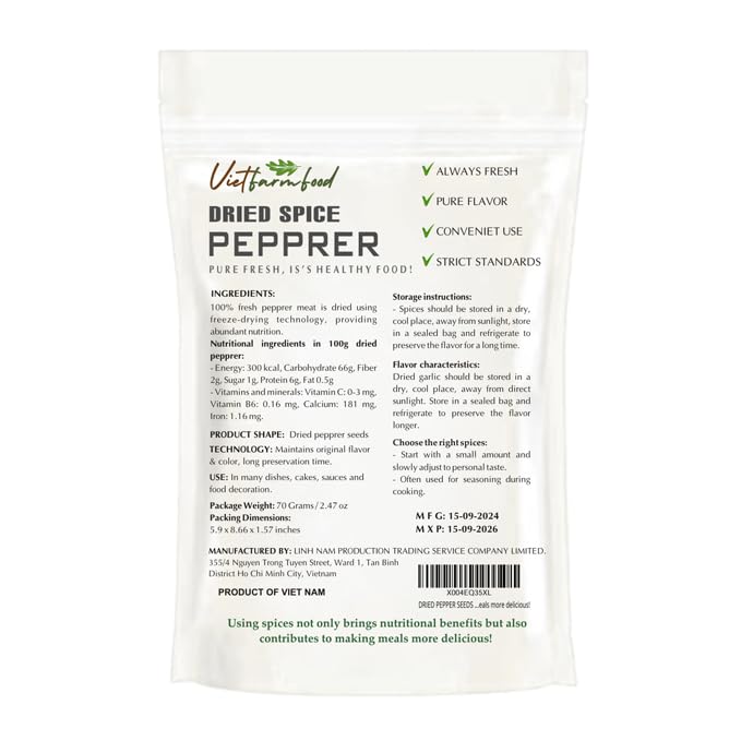 DRIED PEPPER COMS 2.47 Oz (70g) VIETFARMFOOD: Freeze-dried spice extract from 100% pure, Convenient Packaging. Long-term Preservation. Used for Processing Cooking, Baking, Salad Mixing, Soup, Sauces..