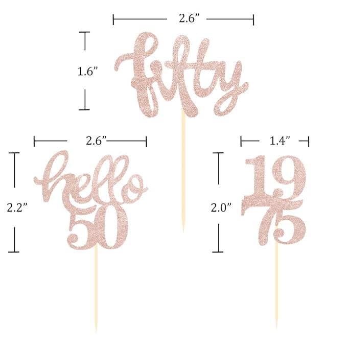 24 Pcs Rose Gold Glitter 50th Birthday Cupcake Toppers for 50th Birthday Celebrating Party Decorations