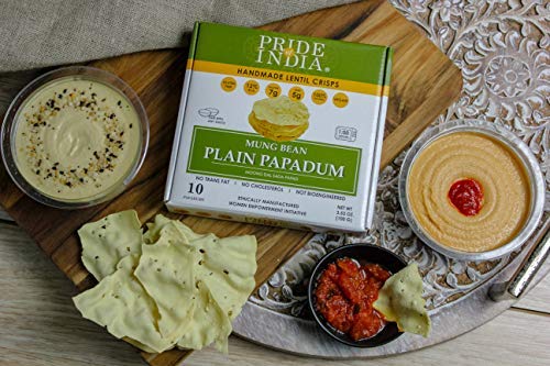 Pride Of India - Mung Bean Plain Papadum Lentil Crisp, Pack of 6-10 count (3.53oz - 100gm) - Protein Fiber & Iron Rich, Gluten-Free Vegan Lentil Crackers, Healthy Indian Appetizer, Ready in Seconds