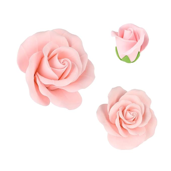 O'Creme Garden Roses Gumpaste Flower Set - Pink Edible Flowers for Cake Decorating - Sugar Paste Flowers for Cakes, Candy, Cupcake Toppers - Birthday, Wedding, Valentines, Baby Shower