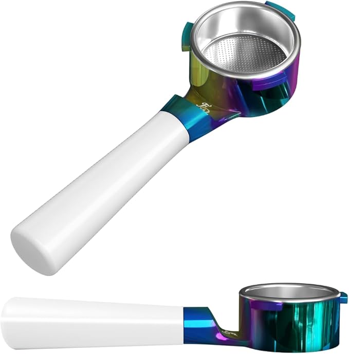 For Days 54mm Flat Base Bottomless Naked Portafilter Intended for Breville Espresso Machines, Includes Filter Basket, Wood Handle, Plastic Handle, Stainless Steel (White Handle - Rainbow)