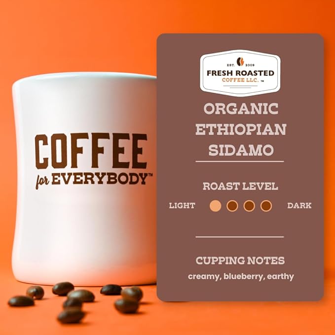 Fresh Roasted Coffee, Organic Ethiopian Sidamo | Fair Trade, USDA Organic, 100% Single Origin, Kosher | Light Roast 5 lb (80 oz) Whole Bean