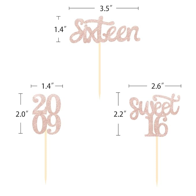 24 Pcs Sweet 16 Rose Gold Glitter Birthday Cupcake Toppers for 16th Birthday Celebrating Party Decorations (Rose gold)