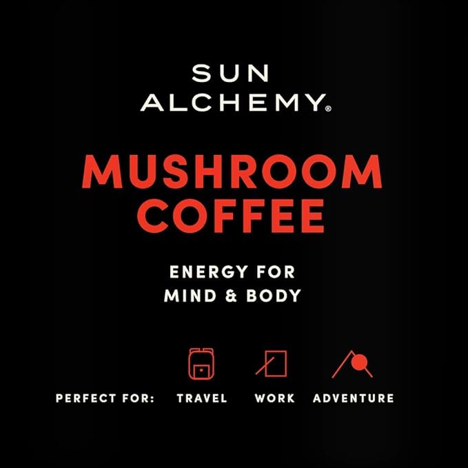 Sun Alchemy Mushroom Coffee, Energize with Organic Fair-Trade Coffee, Lion’s Mane, Reishi, Chaga & Cordyceps Mushrooms - 12 Sachets