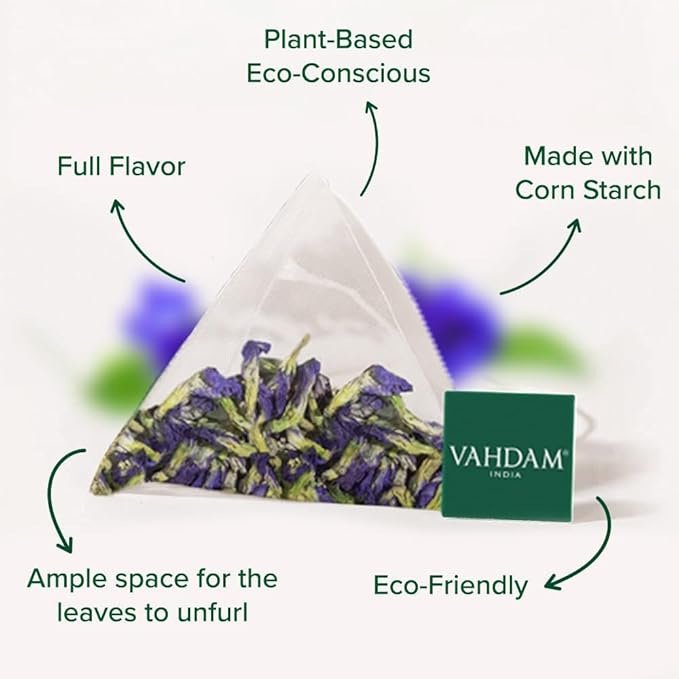 VAHDAM, Butterfly Pea Flower (15 Pyramid Bags) Vegan, Non-GMO | Delicate & Earthy | Direct From Source ??Plant-Based Biodegradable | Brew Iced Tea, Cooking, Mocktails & Cocktails