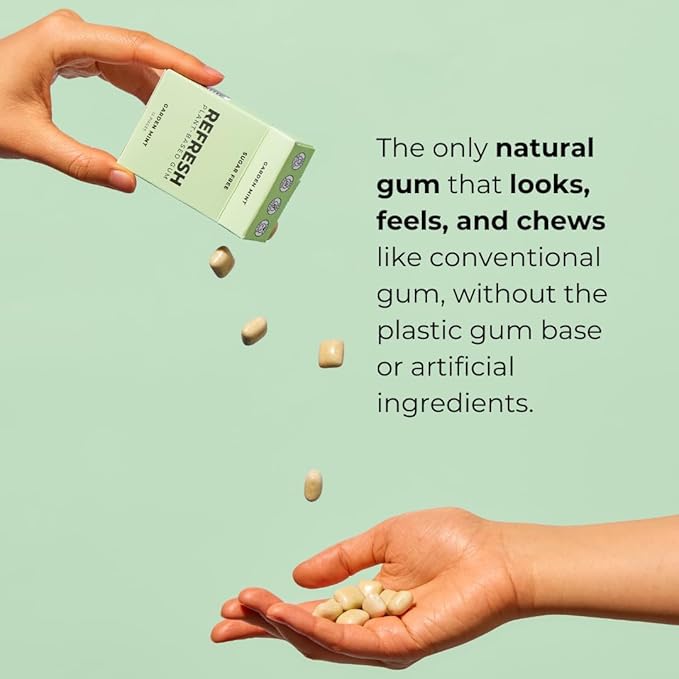 Refresh Gum, Xylitol, Sugar Free, Natural, Long Lasting Chewing Gum, Natural Flavors & Organic Ingredients, Plastic Free, Non GMO, Gluten Free, Vegan, Peppermint & Garden Mint) 5 Pack
