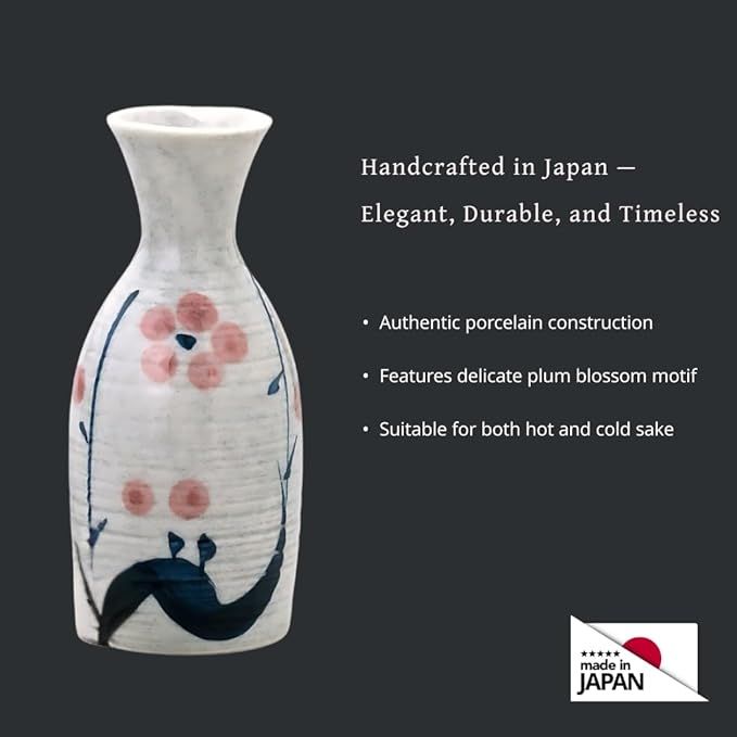 JapanBargain 4979, Japanese Porcelain Plum Sake Set Sake Carafe Bottle Sake Cups for Serving Hot Sake and Cold Sake, Made in Japan, White, 8.5 oz