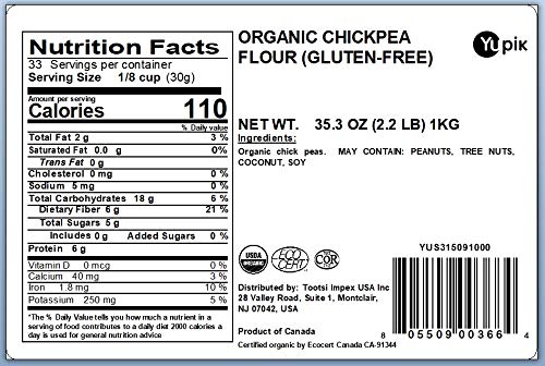 Yupik Organic Chickpea Flour, 2.2 lb (35.2 oz), Garbanzo Beans Flour, Finely Ground from Whole Chickpeas, Non-GMO, Gluten-Free, Vegan, Kosher, USDA Certified, Great for Baking, Cooking & Batters