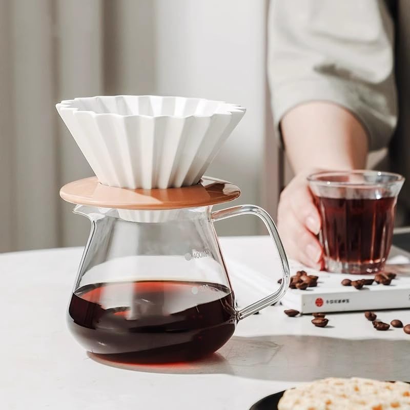 Goodening Ceramic Coffee Dripper Pour Over Coffee Maker with Wood Stand Elegant Flower Shape Filter