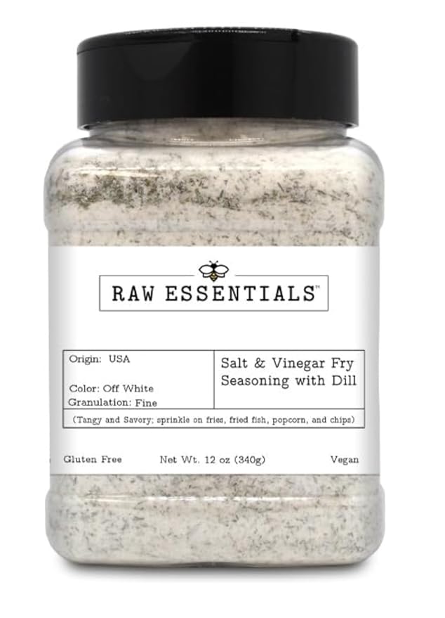 Raw Essentials Salt and Vinegar with Dill Gourmet Fries Seasoning - Tangy Dill Pickle Flavor - Great on Fries, Fried Fish, Popcorn, and Chips - Gluten-Free and Vegan - 12 Ounce Bottle