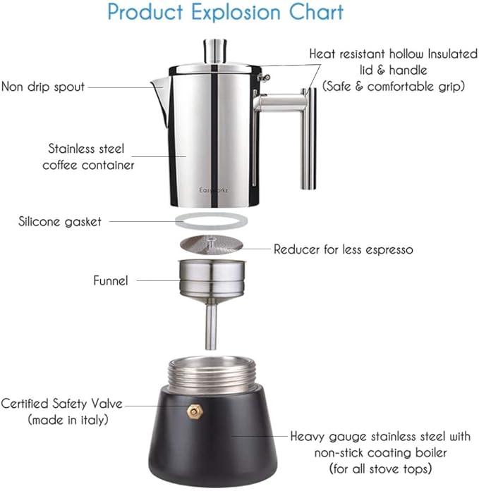 Easyworkz Diego Stovetop Espresso Maker Stainless Steel Italian Coffee Machine Maker 6Cup 10 oz Moka Pot Induction Espresso Pot