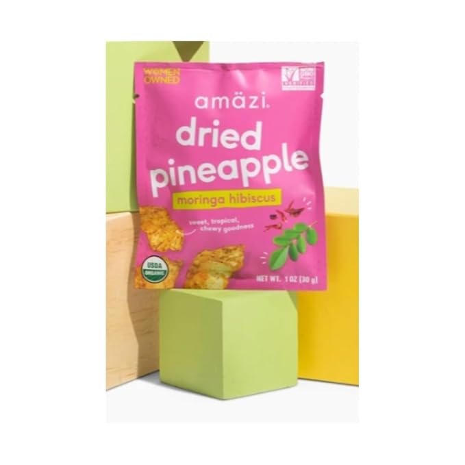 Am채zi Foods | Dried Pineapple - Moringa Hibiscus (12 Pack) | All Natural Mini Travel Snacks | No Sugar Added Dried Pineapple | Dehydrated Fruit