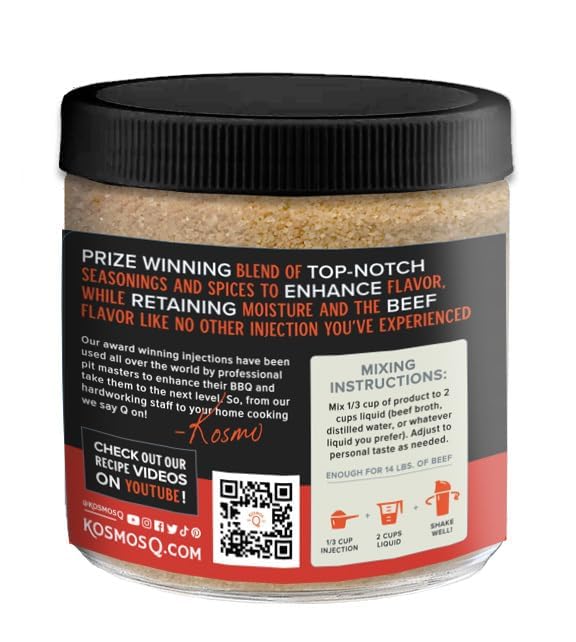 Kosmos Q Original BBQ Beef Injection, Award-Winning Brisket Marinade for Ribs, Roasts, & More, Moisture-Retaining Barbecue and Meat Seasoning, Tender Juicy Flavor, 16 Oz Jar