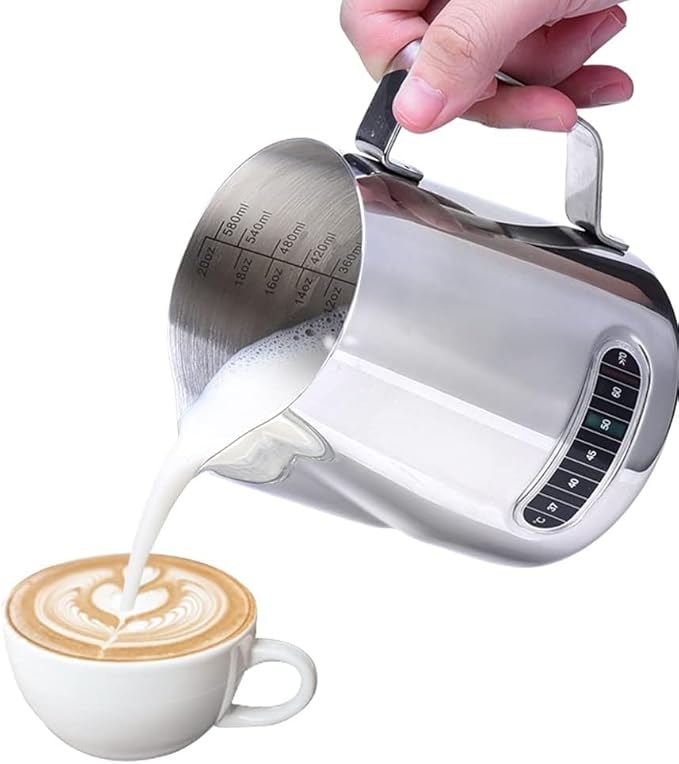 Milk Frothing Pitcher Stainless Steel with Thermometer Fahrenheit Temperature Integrated for Coffee, Cappuccino,Espresso,Latte Art(600ml/20oz)