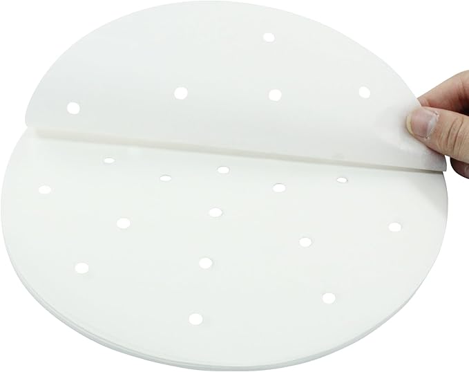 100 Pack 9 Inch Bamboo Steamer Liner - Round Air Fryer Parchment Paper with Holes - White Non Stick Steamer Paper for Air Fryer Basket, Oven, Microwave, Bamboos Steamer