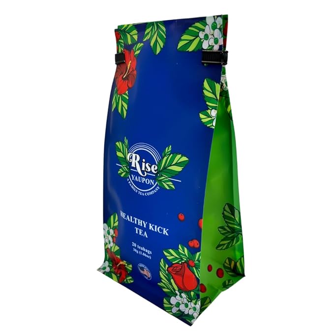 Rise Yaupon Healthy Kick Yaupon Holly Tea, 20 Tea Bags, 1.06 oz, Caffeinated Yaupon Holly with Cinnamon, Ginger, Rose Hips, Rose Petal, Hibiscus