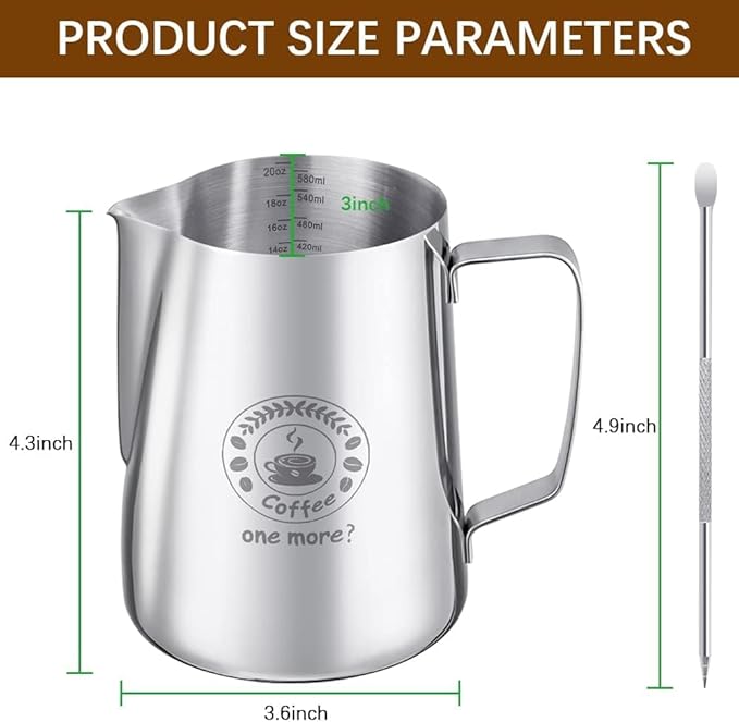 Milk Frothing Pitcher 20oz, Stainless Steel Espresso Steaming Jug with Latte Art Pen, Professional Coffee Milk Frother for Latte, Cappuccino, Macchiato & Hot Chocolate