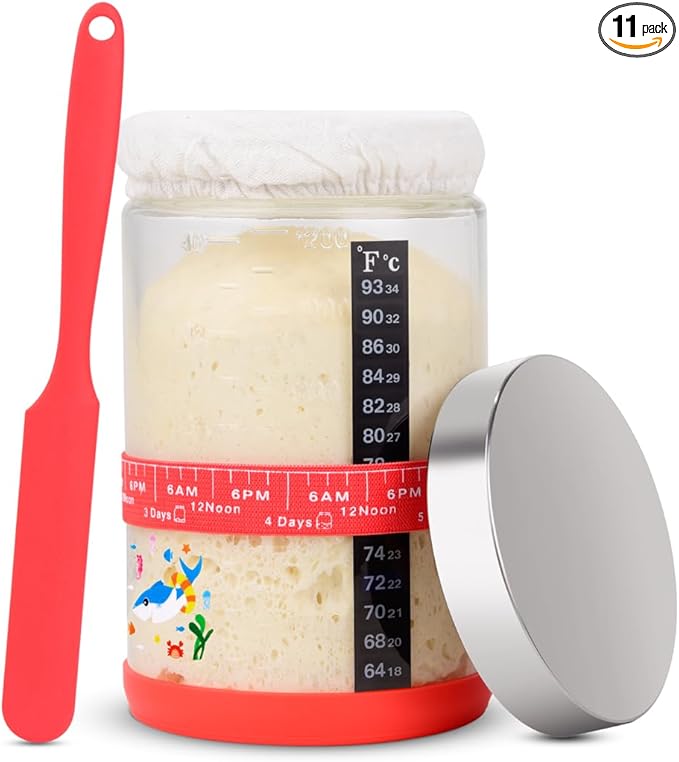 40oz Large Sourdough Starter Jar Glass Kit Wide Mouth with Black Silicone Spatula, Aluminum Lid, Cloth Cover, Date Marked Band, Thermometer (#1p 40oz with Red)