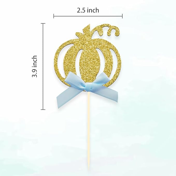 24pcs Pumpkin Cupcake Toppers, Fall Theme Cake Decoration for Baby Shower Party Supplies (Blue Bow)