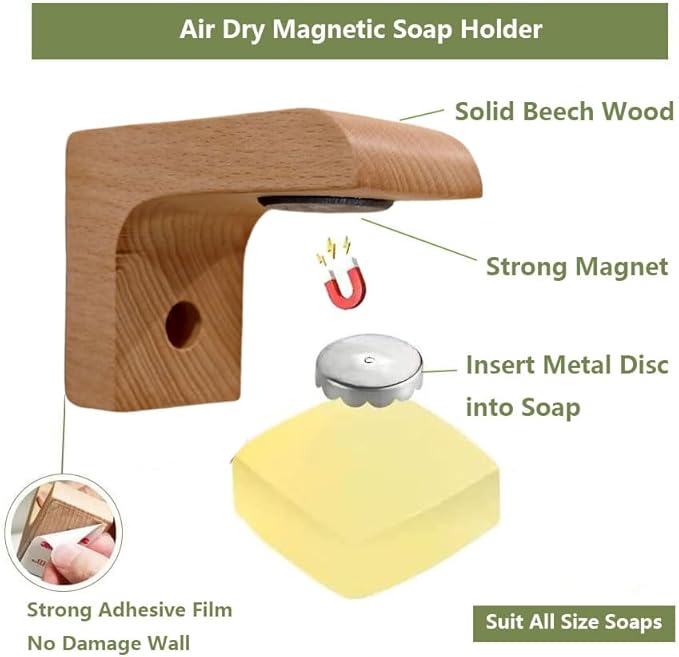 2sets Wood Magnetic Bar Soap Holder for Shower Wall,Magnet Air Dry Soap Saver Self Draining, Eco-Friendly Wooden Soap Dish for Soaps & Beard Shampoo Bars