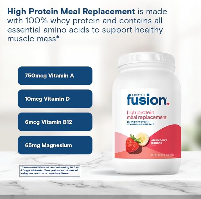 Bariatric Fusion Strawberry Banana Meal Replacement 27g Protein Powder, 21 Serving Tub for Bariatric Surgery Patients Including Gastric Bypass and Sleeve Gastrectomy - No Gluten, Aspartame or Sugar