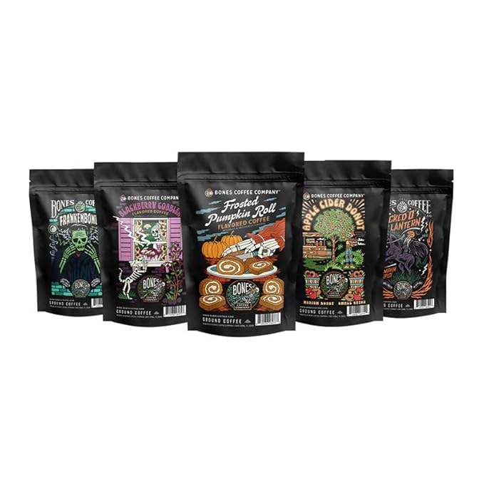 Bones Coffee Company Fall Favorites Pack, 5 Assorted Flavored Coffee Low Acid Medium Roast Arabica Beans Specialty Coffee Gifts, Auto Drip and French Press Compatible, 4 oz Pack of 5 Ground