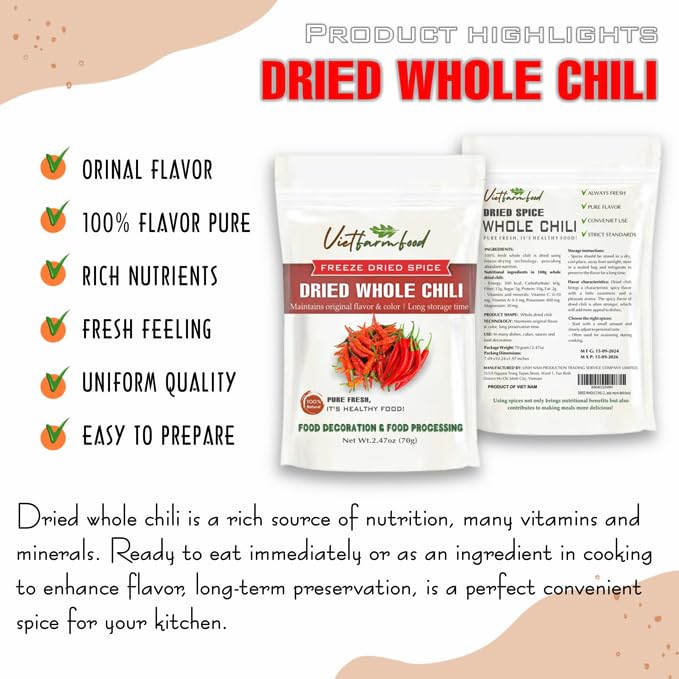 DRIED WHOLE CHILI 2.47 Oz (70g) VIETFARMFOOD: Pure, natural freeze-dried spice made from real vegetables and fruits - perfect for enhancing every meal, from cooking, baking, salads, soups, sauces