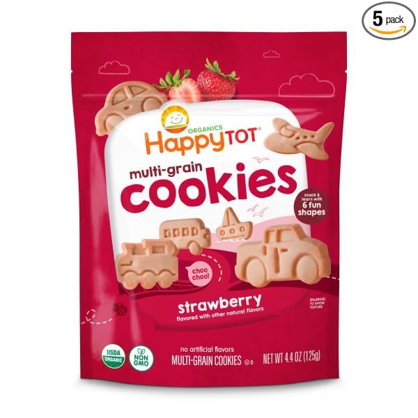 Happy Tot Organic Multi-Grain Cookies Toddler Snack, Fun Transportation Shapes, Strawberry, 4.4 Ounce (Pack of 5)