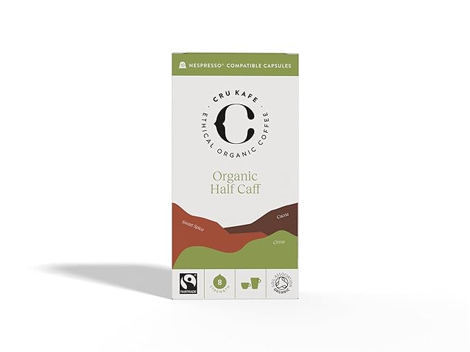 Cru Kafe USDA Organic Half Caff Espresso Coffee Capsules (50 Pods) Fairtrade Coffee Pods Compatible with Nespresso Original Line and Pixie Machines