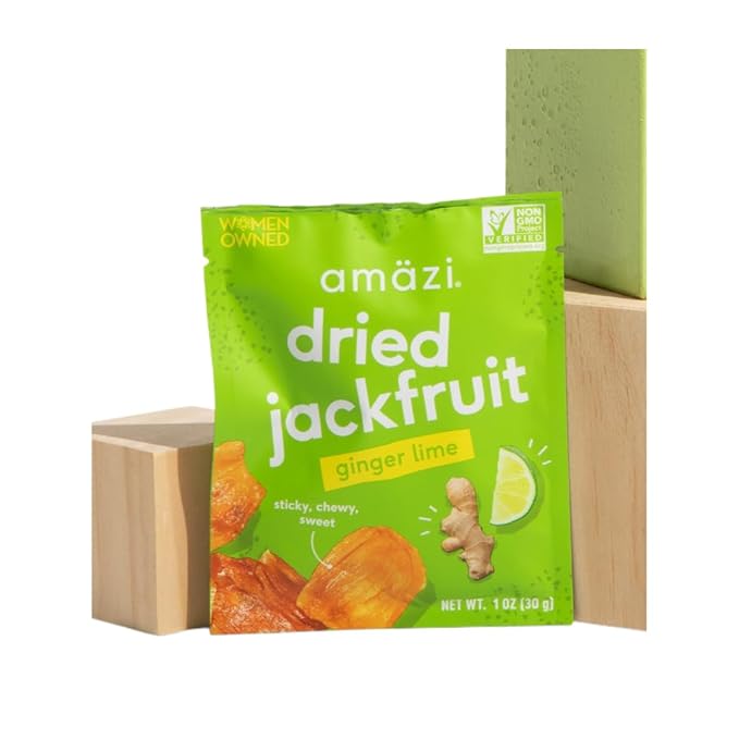 Am채zi Foods | Ginger Lime Dried Jackfruit (12 Pack) | All Natural Mini Travel Snacks | Gluten Free Healthy Dried Fruit Snacks