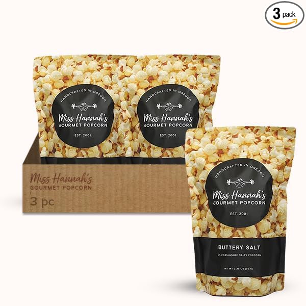 Miss Hannah's Gourmet Popcorn Buttery Salt - Classic Salty Popcorn, Light & Crisp | Vegan, Gluten-Free, Dairy-Free Snack - 13oz (3 Pack)