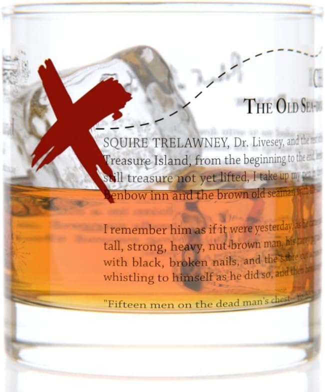 Well Told Classic Literature Rocks Glass - Treasure Island by Robert Louis Stevenson - Old Fashioned Whiskey Glass Gift for Book Lovers (11 oz)