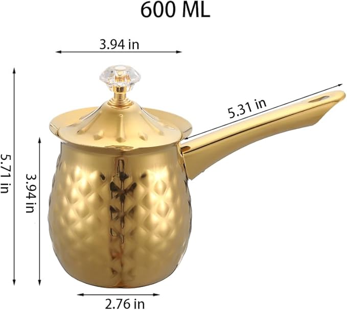 Stainless Steel Turkish Coffee Pot, Moka Pot, Espresso Maker for Stove Top, Camping Coffee Pot, Greek Arabic Coffee Warmer with Lid & Handle, Gold, 600 Ml / 20 Oz