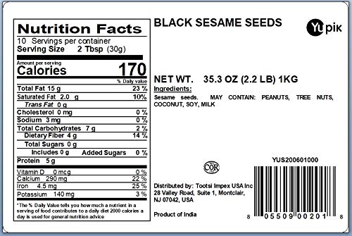 Yupik Raw Black Sesame Seeds, 2.2 lb (35.2 oz), Pack of 6, Gluten-Free, Kosher, Vegan, Natural, Unroasted, Unsalted, Plant-Based Protein, Source of Fiber, Iron & Calcium, Ideal for Cooking