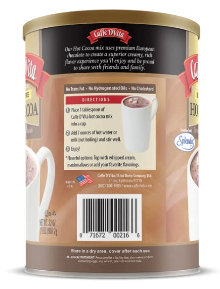 Caffe D'Vita Sugar Free Hot Cocoa Mix - Sugar Free Hot Chocolate Mix, Gluten Free, Low Fat, No Cholesterol, No Hydrogenated Oils, No Trans Fat, Kosher, Hot Cocoa Mix Bulk - 2 Lb Can