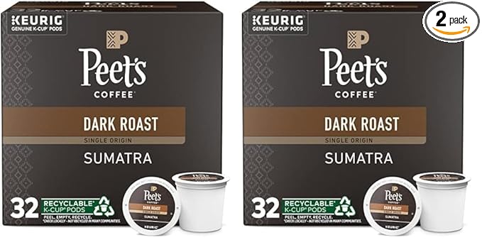Peet's Coffee, Dark Roast Keurig K-Cup Pods - Single Origin Sumatra 64 Count (2 Boxes of 32 K-Cup Pods)