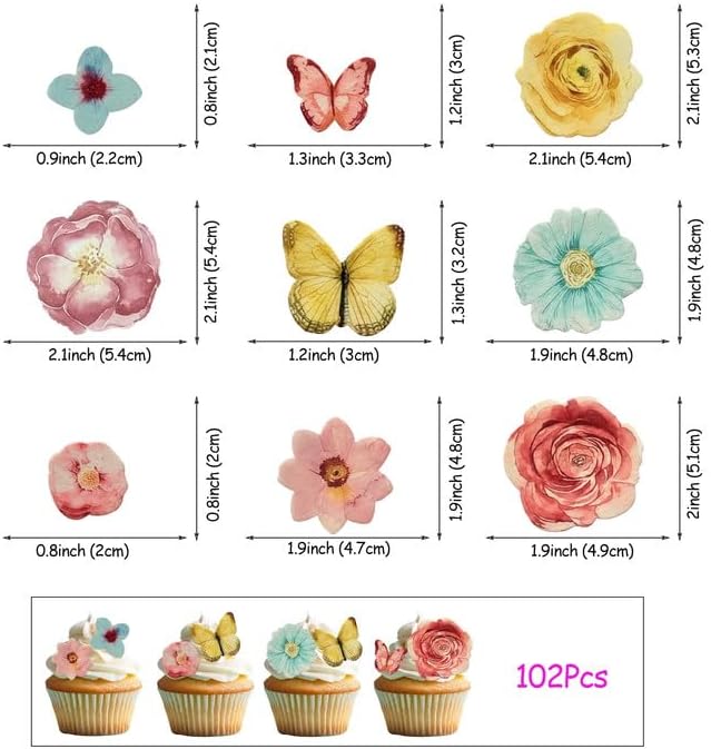 102 PCS Edible Flowers Butterfly Cupcake Toppers Rose Daisy Butterflies Flowers Cake Toppers Flowers Party Decorations for Wedding Engagement Birthday Party Decorations Supplies Mixed Size & Colour
