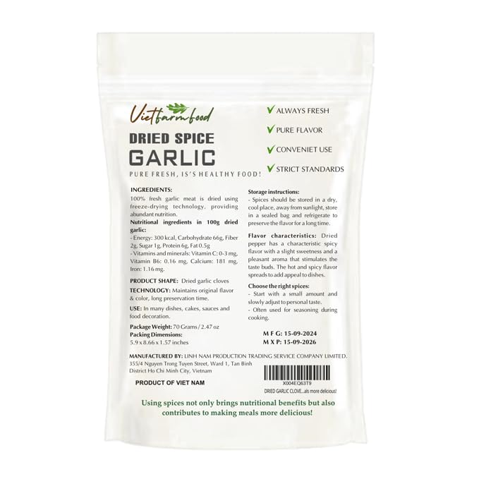 DRIED GARLIC CLOVES 2.47 Oz (70g) VIETFARMFOOD: Pure, natural freeze-dried spice made from real vegetables and fruits - perfect for enhancing every meal, from cooking, baking, salads, soups, sauces