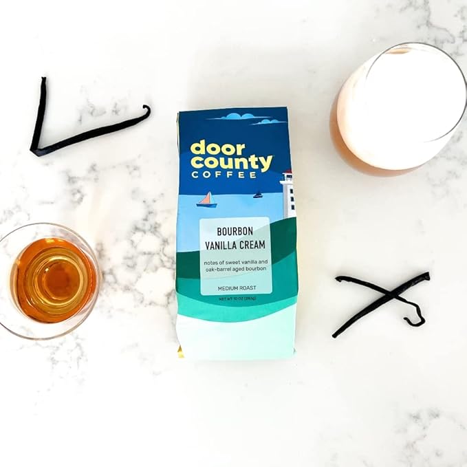 Door County Coffee Bourbon Vanilla Cream Flavored Ground - 10oz Bag - Medium Roast - 100% Specialty Arabica - Flavored Gourmet - Bourbon Vanilla Cream