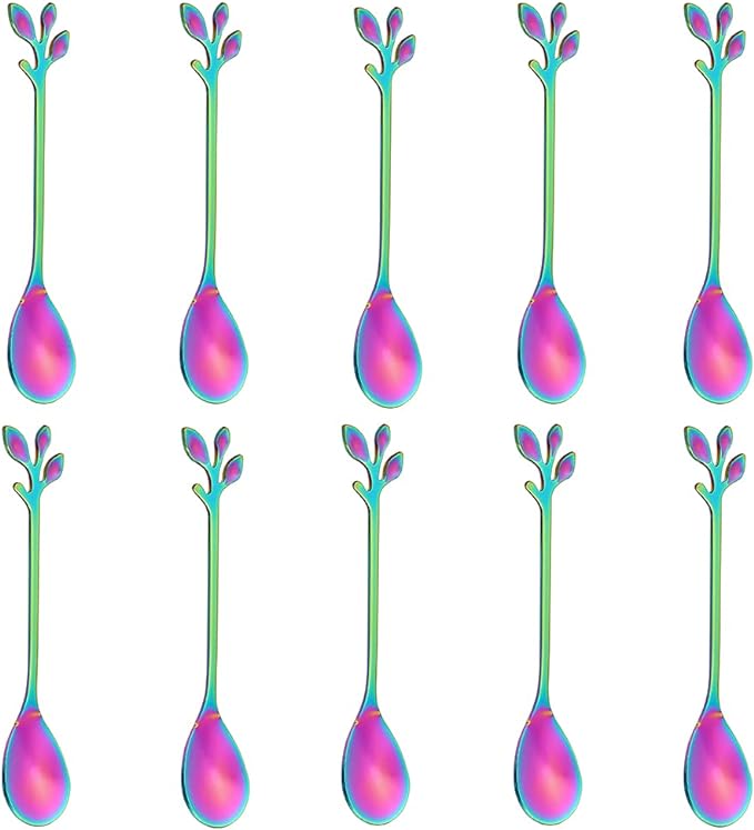 AnSaw Elegant Rainbow Leaf Coffee Spoons - 10-Piece, 4.7" Mini Stainless Steel Espresso & Dessert Tea Spoons, Perfect for Demitasse & Small Servings