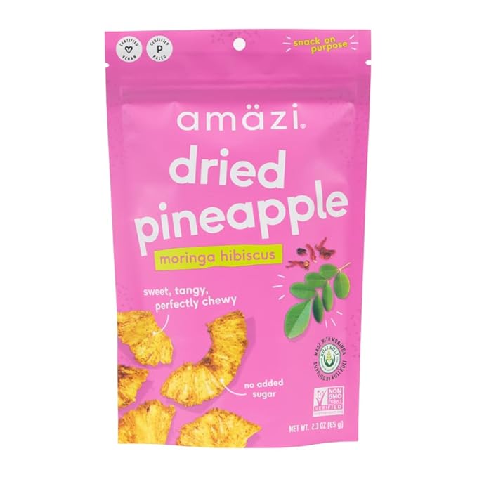Am채zi Foods | Dried Pineapple - Moringa Hibiscus (6 Pack) | All Natural Snacks | No Sugar Added Dried Pineapple | Dehydrated Fruit