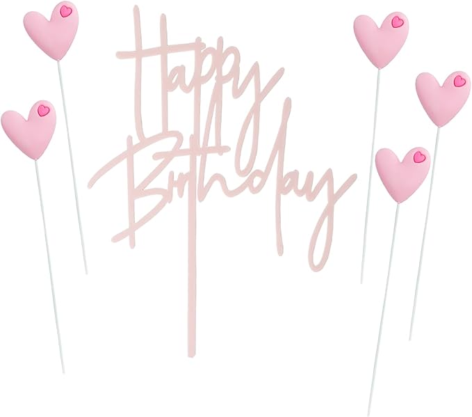 ZHENGYE Pink Happy Birthday Cake Topper Sign And 5 Pink Love Cake Toppers Cake Topper Decoration For Cake Birthday Decorations