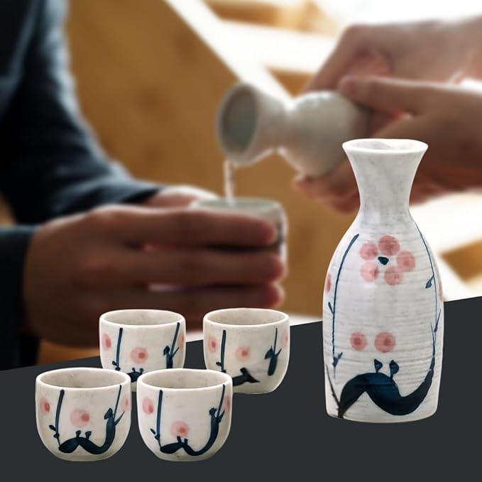 JapanBargain 4979, Japanese Porcelain Plum Sake Set Sake Carafe Bottle Sake Cups for Serving Hot Sake and Cold Sake, Made in Japan, White, 8.5 oz