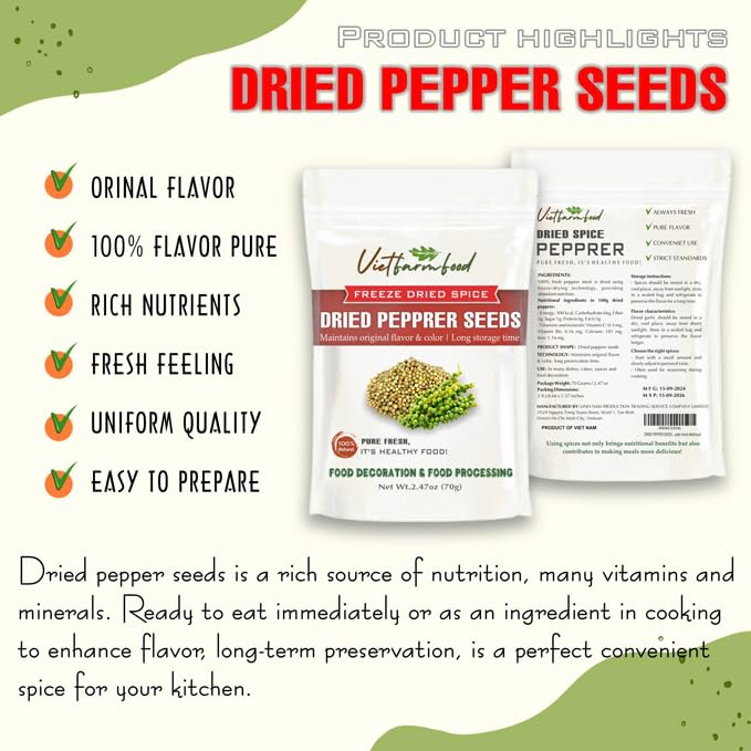 DRIED PEPPER COMS 2.47 Oz (70g) VIETFARMFOOD: Freeze-dried spice extract from 100% pure, Convenient Packaging. Long-term Preservation. Used for Processing Cooking, Baking, Salad Mixing, Soup, Sauces..