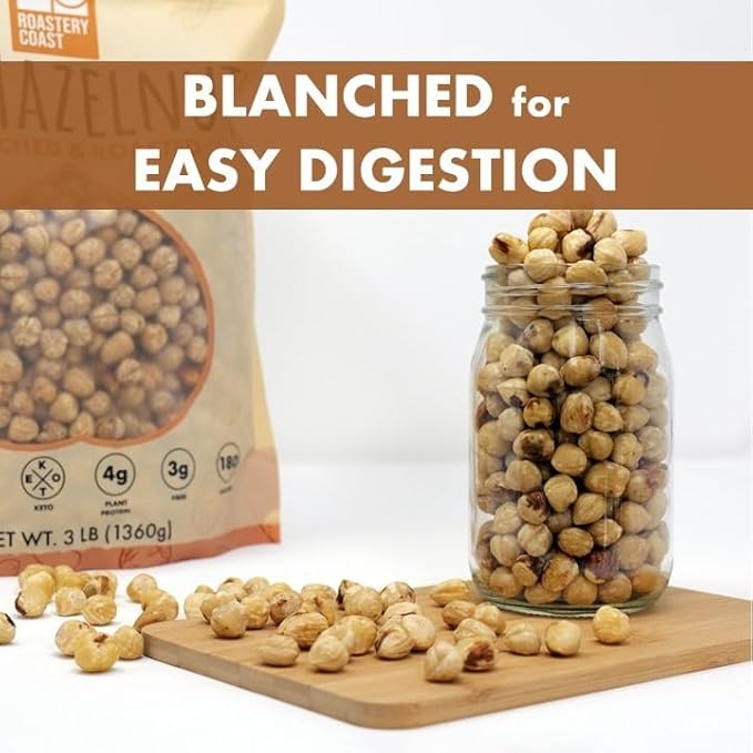 Roastery Coast Dry Roasted Hazelnuts | 3 LB | Unsalted | Filberts | Blanched | No skin | Kosher | Certified Gluten Free | Non-GMO | Paleo | Keto