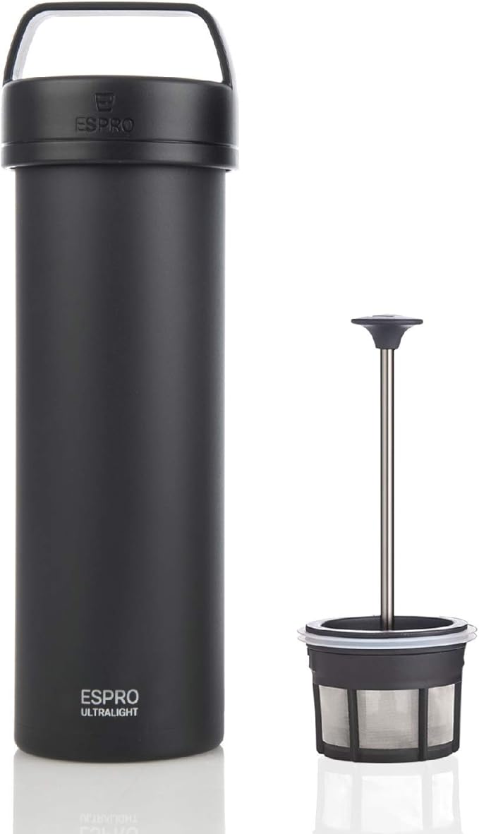 ESPRO P0 Ultralight French Press Coffee Maker for Travel, Vacuum Insulated Stainless Steel, 16 Ounces, Matte Meteorite Black