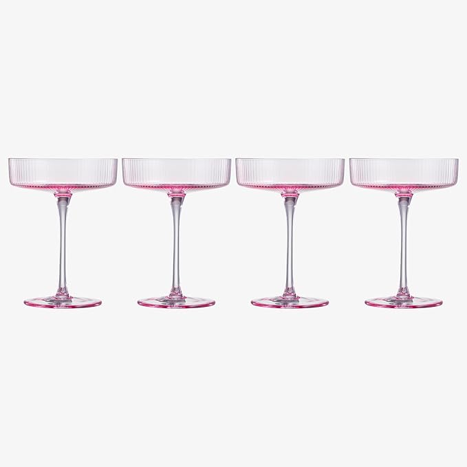 Khen Ribbed Vintage Art Deco Coupe Glasses - Martini, Champagne & Cocktail Ribbed Glasses 8oz | Cute Crystal Glassware Sets, Pink, 4 Pieces, Housewarming Gifts
