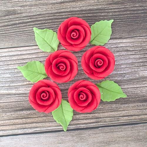 Global Sugar Art Premium Wedding Rose Edible Sugar Cake & Cupcake Flowers, Unwired Red, 12 Count with Leaves by Chef Alan Tetreault