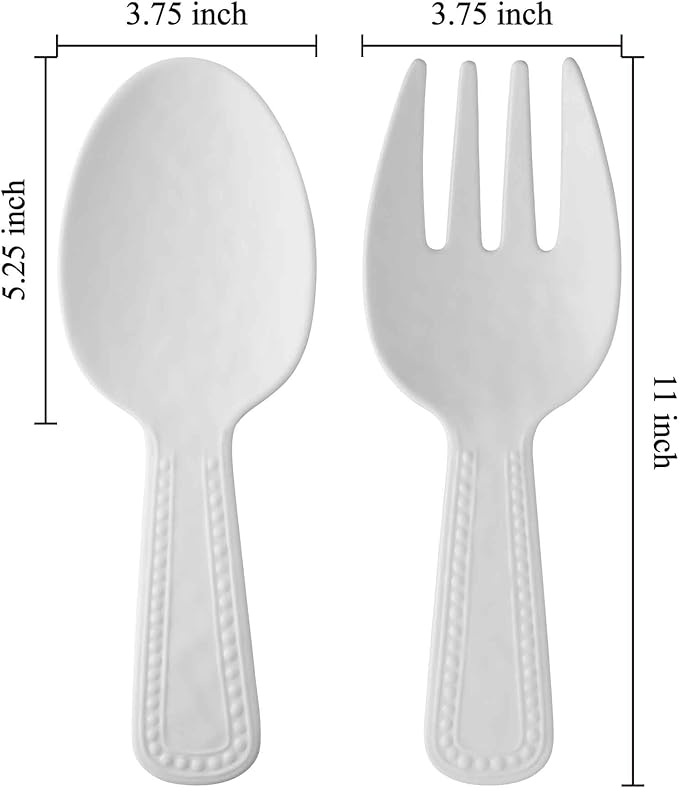 UPware Pebble Melamine Salad Servers, Serving Utensil Set, Includes Serving Fork and Spoon for Tossing Salad, Pasta, White, 10.75 Inch, Set of 2