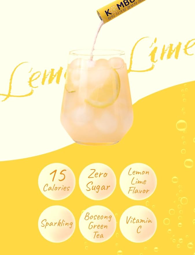 Korean Kombucha Lemon Lime Powder – 5g x 30 Sticks | Zero Sugar, Low Calorie, Sparkling Tea, Lemon & Lime Flavor